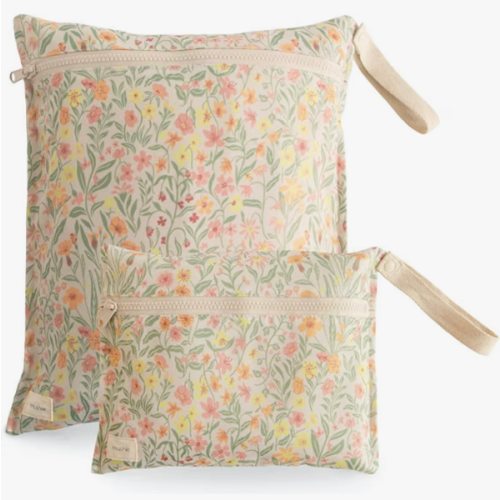 mushie Water Resistant Wet Bags | Large & Small Reusable Storage Bag for Baby Items and Travel | Zippered Pockets with Handle | Machine Washable, Set of 2 (Pastel Blooms)