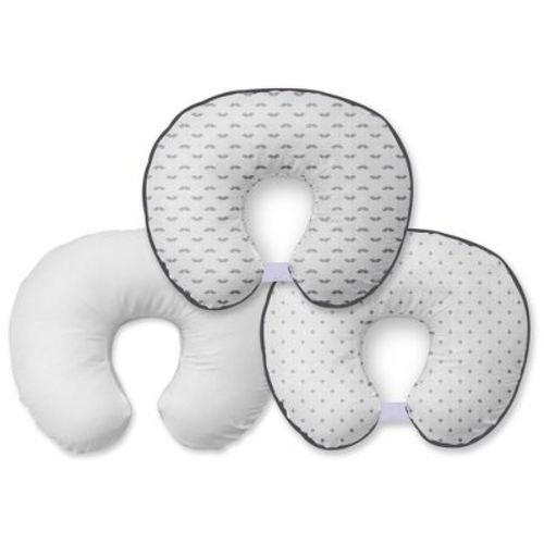 Bacati - 3 pc Mustache/Plus Gray Muslin Hugster Feeding & Infant Support Nursing Pillow with 2 removable zippered covers