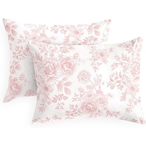 Wake In Cloud - Floral Pillow Cases, Shabby Chic Cottagecore Coquette Style with Vintage Flower Pattern, Set of 2 Soft Pillowcases Pillow Shams Covers, Pink White, Standard Size 20x26 Inches