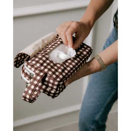 Espresso Gingham Wipe Pouch | Waterproof & Wipeable Organisation Pouch