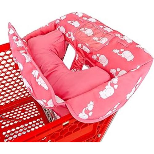 Soft Pillow Attached 2-in-1 Shopping Cart and High Chair Cover for Baby, Cotton Padded Cart Cover, Fold'n Roll Style, Portable with Carry Bag (Pink Elephant)