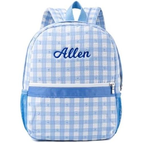 MT WORLD Daycare Backpack Personalized Seersucker Toddler Backpack With Embroidered Name Small Checkered Kids Bookbag for Age 2-4 Child Daily Birthday Christmas Custom Back to School Gifts (Blue)