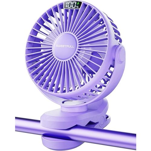 SWEETFULL Portable Clip on Fan - Battery Operated Stroller Fan, 4000mAh Small Rechargeable Fans with LED Display, 4 Speeds, Mini Personal Cooling Desk Cooler for Golf Cart Travel Camping Gym (Purple)