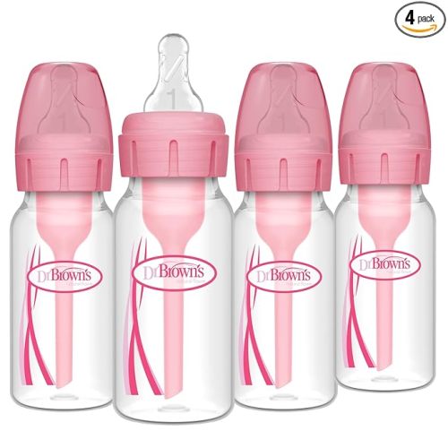 Dr. Brown's Natural Flow Anti-Colic Options+ Narrow Baby Bottle, 4 oz/120 mL, with Level 1 Slow Flow Nipple, Pink, 0m+, 4 Pack