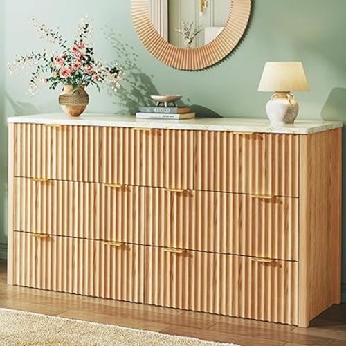 HUAHUU Fluted Dresser for Bedroom with 7 Drawers, 53" Wide Mid Century Modern Dressers with Faux Marble Top & Metal Handle, Wooden Chest of Drawers TV Stand, Natural Oak
