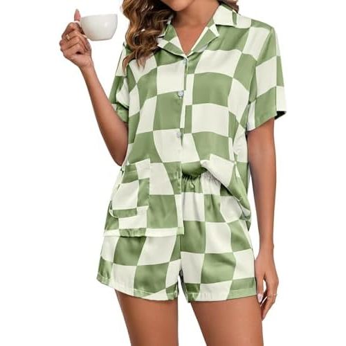 Brosloth Womens Silk Pajamas Summer Short Sleeve Floral Print Plaid Button Up Satin Pjs Set Loungewear Sets