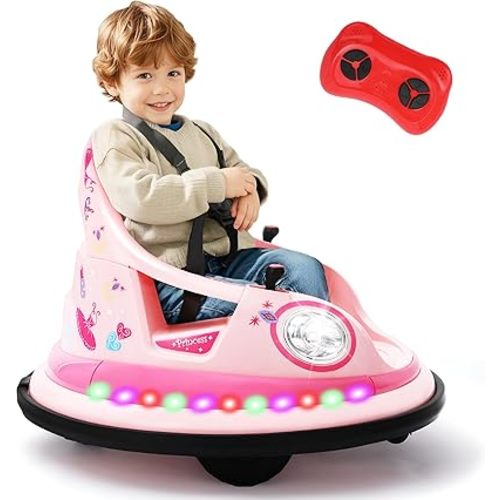 12V Kids Electric Bumper Car for Toddlers – Kiddokidz Ride-On Toy with Parent Remote, 360° Spin, Lights & Sounds, 2 PCS DIY Stickers, 2-Speed, Pink