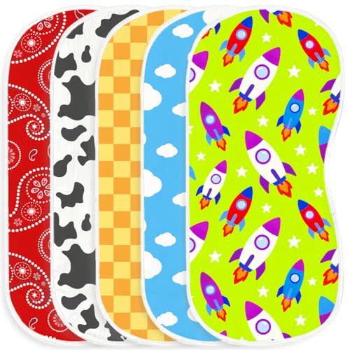 Baby Burp Cloths, Soft Muslin Cotton Burp Cloths for Baby Boy Girl, Toy Inspired Theme Contoured Spit Up Rags, Super Absorbent Rocket Cow Print Washcloths, Newborn Registry Gift Set