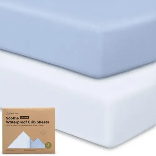 2-Pack Waterproof Crib Sheets for Boys, Girls - 52x28 Fitted Organic Cotton Baby Crib Sheets, Toddler Mattress Protector Cover, Washable, Soft & Durable Baby Bedding Essentials (Blue Flax)