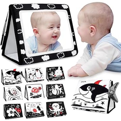 Tummy Time Mirror Toy, High Contrast Black and White Baby Newborn Toys for Tummy Time Foldable Baby Mirror Sensory Development Toys Baby Toy for Infants Boys Girls 0 3 6 12 Months