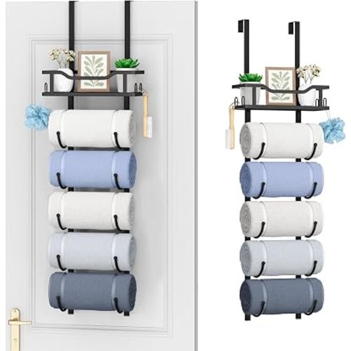 SWTYMIKI Over the Door Towel Rack - 6 Tier Towel Racks for Bathroom Wall Mounted, Towel Holder with Shelf, Hanging Rolled Towel Storage Organizer for Small Bathroom, Camper, RV, Black