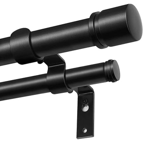 Double Curtain Rod 72 to 144 Inch, HOTOZON 1 Inch Telescoping Double Curtain Rods for Windows, Heavy Duty Double Drapery Rod with Simple Cap Finials, Black