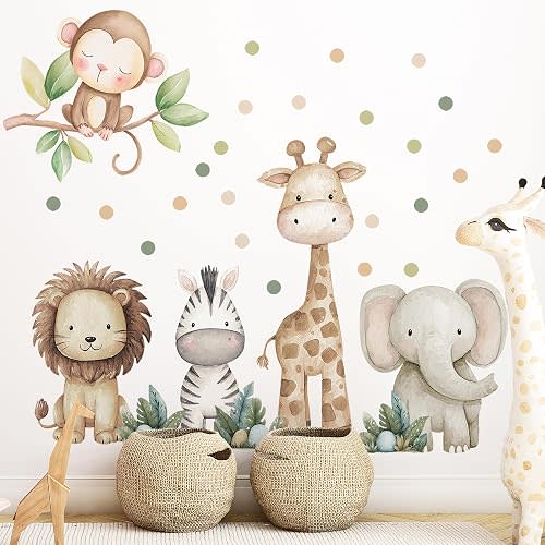 Safari Animals Nursery Wall Decal, Peel and Stick Nursery Mural Jungle Animals Lion, Elephant Wall Stickers for Kids, Boys and Girls Room, Bedroom & Toddler Room Decor (Boho Animal Dot Decals 59)