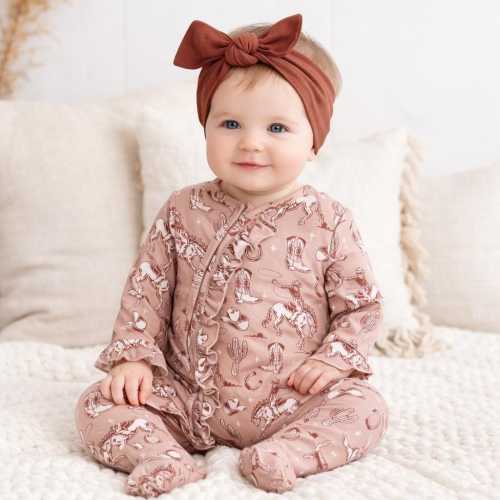 Baby Girl Western Cowgirl Zipper Romper – Soft Bamboo Cotton Blend, Long Sleeve Ruffle Onesie, Eco-Friendly Infant Outfit, Pink & Brown