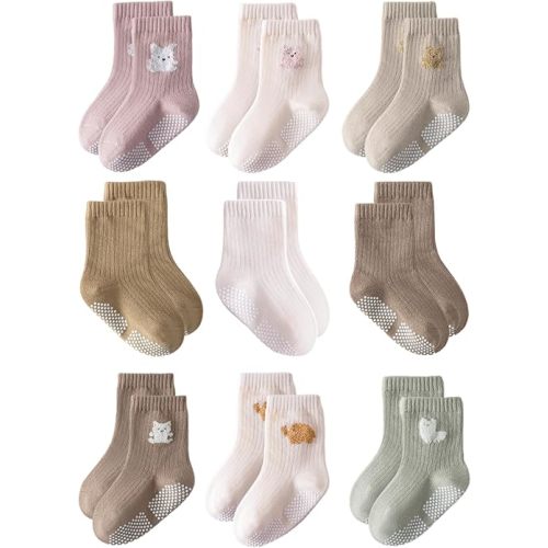 Toddler Grip Socks Non Slip Crew Socks Cute Seamless Cotton Socks for Baby Boys Girls Infants Kids 9 Pairs