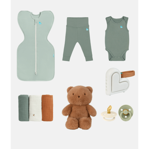 Newborn Ultimate Gift Bundle | Toy | Dummies | Sleep Machine | Swaddle | Bodysuit | Leggings | Wash Cloth | Olive