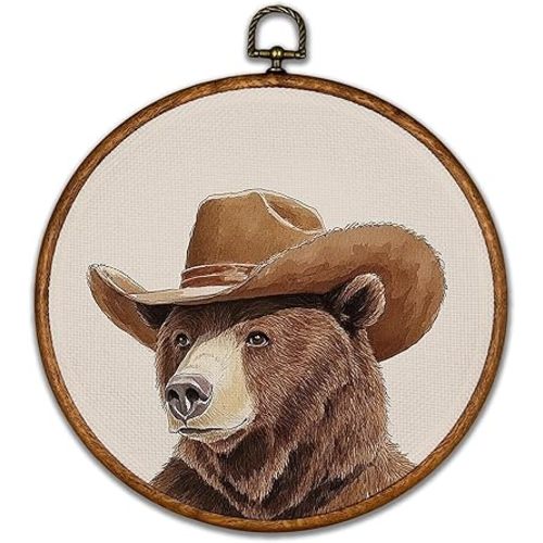 BCUANGD Western Trendy Round Wall Art Decor - Retro Bear Neutral Wall Art Canvas Frame Artwork Prints, Rustic Vintage Country Round Wall Hanging Decorations for Home Farmhouse Bedroom, 10"x10"