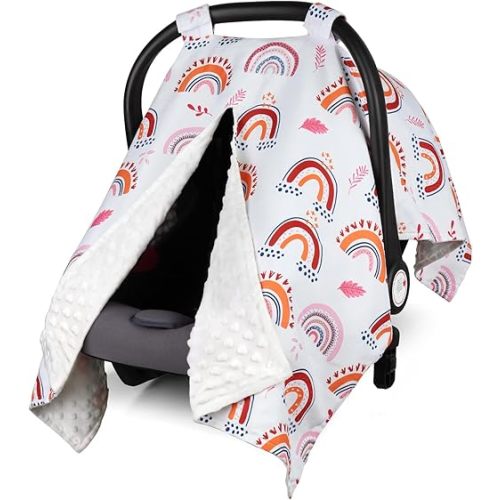 Rquite Car Seat Cover Baby, Carseat Covers Baby Girl, Winter Infant Car Seat Cover, Warm Minky Car Seat Canopy, Baby Carrier Cover with Peekaboo Opening, Multi Use Nursing Cover & Toddler Blanket