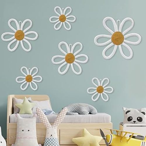 6 Pcs Boho Nursery Daisy Wall Decor, Woven Flowers Wall Hanging Art, White Boho Floral Room Decor with Lanyard for Office, Toddler Baby Little Girls Kids Home Bedroom Above Bed Decorations (White)