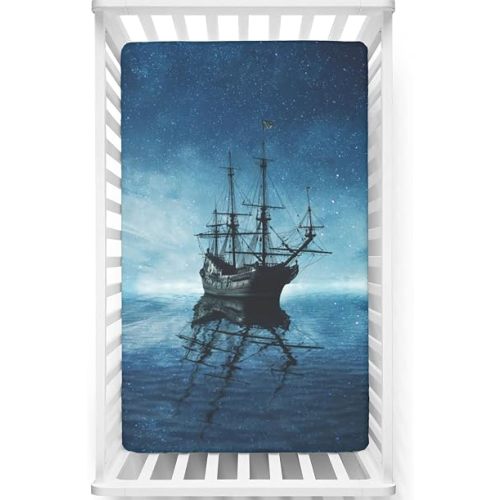 Pirate Ship Themed Fitted Crib Sheet,Standard Crib Mattress Fitted Sheet Soft Toddler Mattress Sheet Fitted-Baby Sheet for Boys Girls,28“ x52“,Pale Blue Dark Blue Black