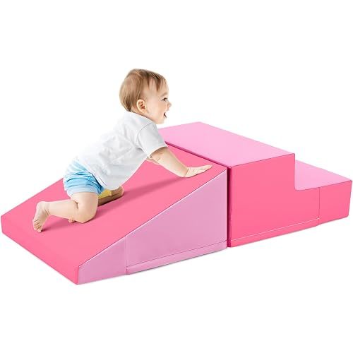 Costzon Climbing Toys for Toddlers, Soft Play Set for Crawling, Climbing, Sliding, Indoor Active Play, 2 PCS Foam Climbing Blocks for Infants Baby Kids (Rose Red)