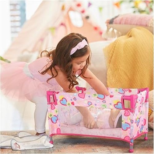 Toy Baby Doll Crib for 18'' Dolls, Cute Pink Heart Designed Baby Doll Bed with Carry Bag, Toy Crib Doll Furniture for 3 Years+ Girls (Pink)