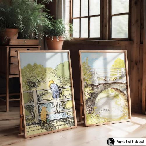 2-Piece Vintage Winnie Pooh and Friends Poster - Winnie Pooh on Stone Bridge Print - Story Book Art - Watercolor Art