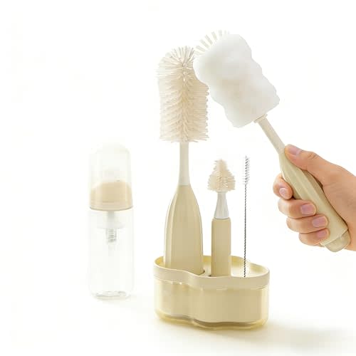 All-in-One Press-to-Foam Silicone Baby Bottle Cleaning Kit with Bottle Brush, Nipple/Straw Brushes, Tabletop Dring Rack, BPA Free for Baby Bottles, Breast Pumps,Small Appliances,Travel-Friendly