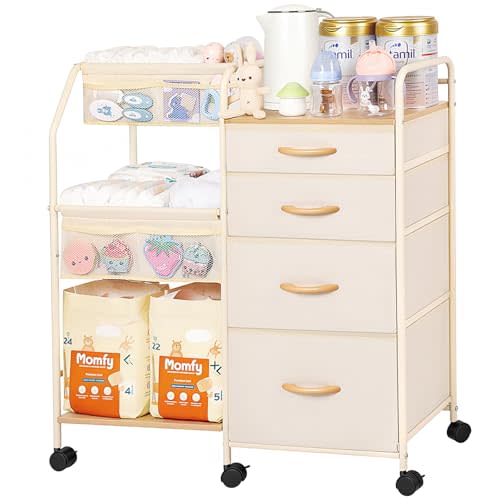 Fabuday Baby Diaper Caddy Organizer Cart - 4 Tier Rolling Diaper Cart with Wheels, Baby Essentials Organizers and Storage, Mobile Utility Carts for Bedside, Crib Nursury, Bedroom, Changing Table