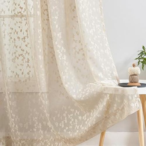 Beige Lace Sheer Curtains Embroidered Leaf Buds 84 Inches Long for Bedroom Textured Knitted Light Filtering Window Treatment Beige,52" W