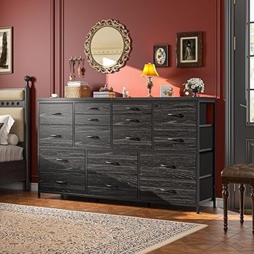 Romorgniz Dresser for Bedroom with 16 Fabric Drawers Long Dresser with Charging Station TV Stand for 60" TV Dressers & Chest of Drawers for Bedroom, Living Room, Black