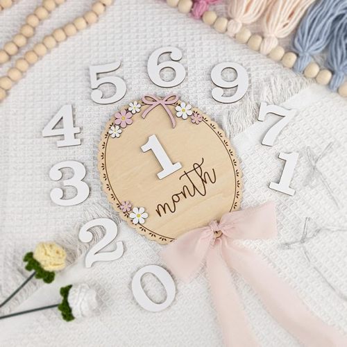 Baby Monthly Milestone Wooden Sign with Numbers, Natural Wood Milestone Board for Newborn Monthly Growth Photos, Cute 3D Flowers Photo Prop for Baby Milestone Memories (Pink Ribbon)