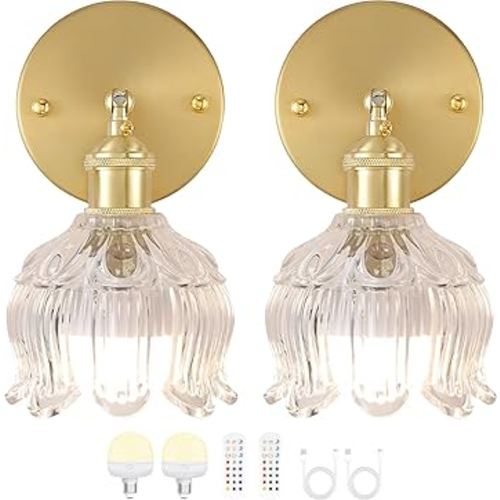 Vintage Battery Wall Sconce with Flower lampshade,Rechargeable Battery Powered Wall Lights,Wall lamp with 15 Colors for Bedroom Living Room Home Decor (Flower Clear, 2 Light Battery Operated)