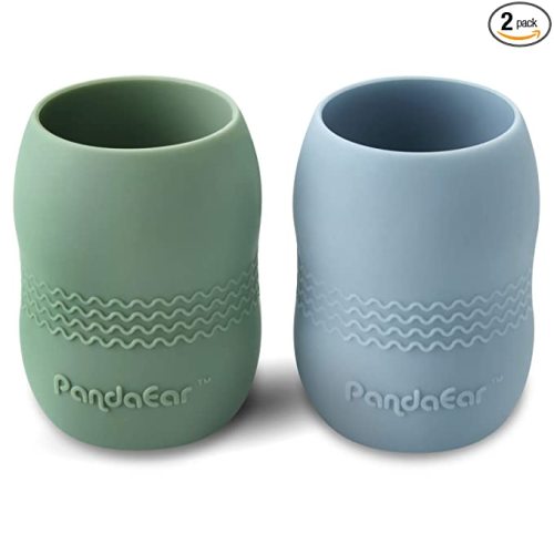PandaEar 2 Pack100% Tiny Silicone Drinking Training Cup for Baby and Toddler, 3.5oz (Blue&White)