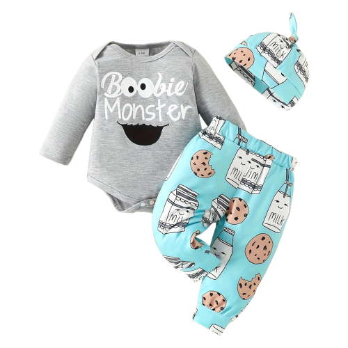 Qopobobo Baby Boy Rompers Newborn Infant Baby Clothes Long Sleeve Romper + Pants + Hat 3PCS Outfits Set Grey,3-6 Months