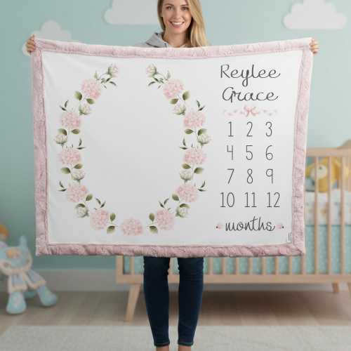 Personalized Floral Baby Milestone Blanket – Monthly Photo Blanket – Baby Girl 1 to 12 Month Milestone Blanket – Nursery Keepsake Gift