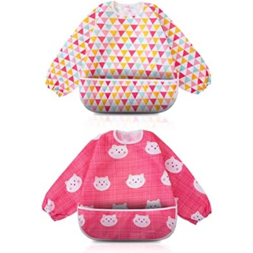 Long Sleeved Bib Waterproof Feeding Bibs Apron with Built-in Pocket Bag, Art Smock for Babies/Toddlers/Infants, Pack of 2 Colors（Pink)
