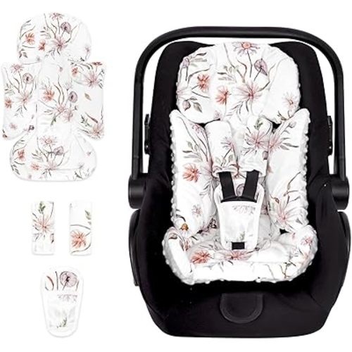 Infant Car Seat Insert and Strap Covers, Very Soft Car Seat Head Support Baby Girl Boy, Reversible Newborn Carseat Insert Cushion Fits for Stroller, Baby Swing, Bouncer (White Flower)