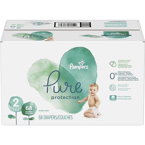 Diapers Size 2, 68 Count - Pampers Pure Protection Disposable Baby Diapers, Hypoallergenic and Unscented Protection, Super Pack (Old Version)