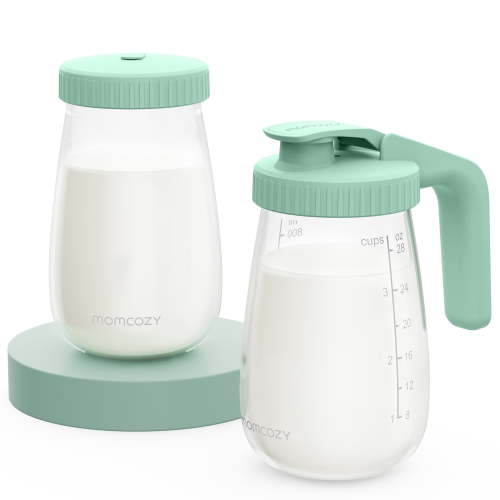 Momcozy Glass Breast Milk Pitcher, Milk Storage Container with Flat Lid&Handle Lid,Leak-Resistant,Heat & Cold Resistant, 2 Pcs, 32oz Each (64oz Total)