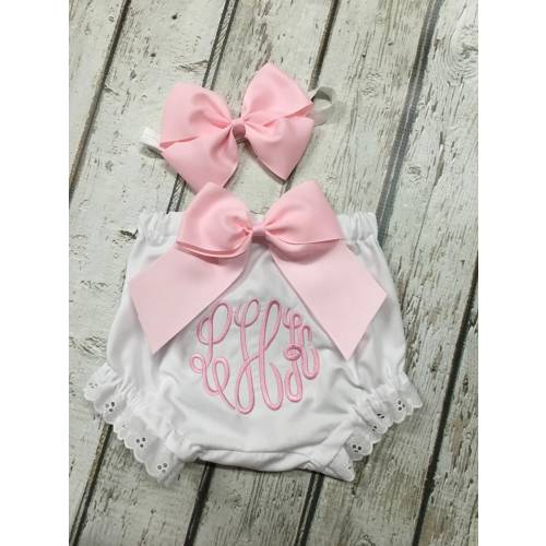 Monogrammed Baby Diaper Cover Set: Big Bow & Headband, Lace Trim