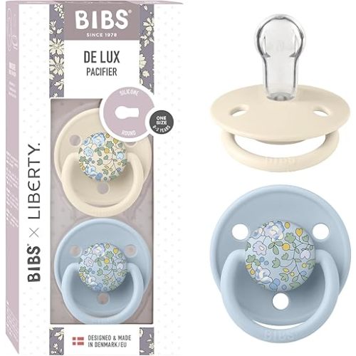 BIBS De Lux Liberty Soother 2-Pack, BPA Free Dummy Pacifier, Round Nipple. Silicone, Made in Denmark, OneSize (0-36 Months), Eloise Baby Blue