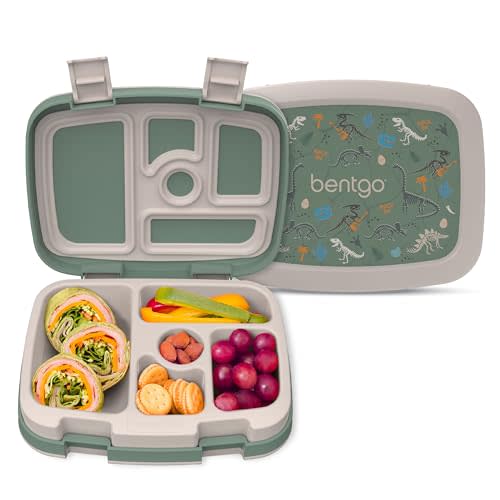 Bentgo Kids Prints Leak-Proof, 5-Compartment Bento-Style Kids Lunch Box - Ideal Portion Sizes for Ages 3-7, Durable, Drop-Proof, Dishwasher Safe, & PFAS & BPA-Free Materials (Dino Fossils)