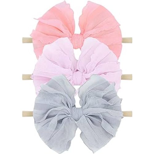 Baby Girls Stretchy Soft Knot Headbands with Hair Bows Newborn Toddler Hairbands Infant Toddlers Kids Hair Accessories Purple Gray Pink 3 PCS