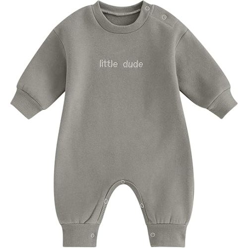 Newborn Baby Boy Fall Outfit Romper Little Dude Embroidery Long Sleeve Onesie Jumpsuit Bodysuit Infant Winter Clothes