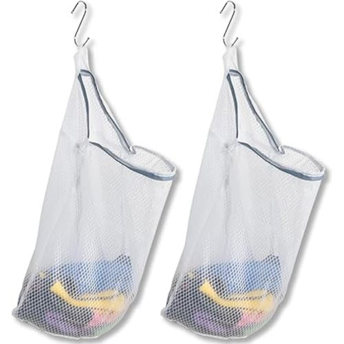 2Pcs Mesh Hanging Laundry Bags for Washing Machine, 15 X 12 inch Wash Bag for Clothes Delicates Lingerie with S Hooks