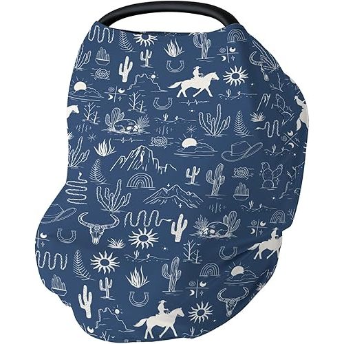 Western Cowboy Car Seat Cover for Babies Wild West Cactus Mountain Snake Cattle Skull Sun Stretchy 5-in-1 Covers Adjustable Car Canopy Breastfeeding Cover Desert Adventure Breathable Nursing Cover-Up