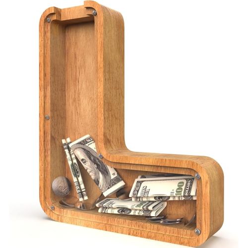 Piggy Bank for Kids Boys Girls, Large Personalized Wooden Letter Piggy Bank with Cut-Out Design, Alphabet Letter Coin Banks, Money Savings Box, Wooden Bank for Kids Creative Gifts for Real-Money(L)