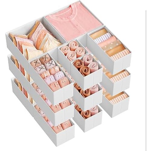 SONGMICS Drawer Organizers, Dresser Divider Organizers, Set of 18, Foldable Fabric Storage Boxes for Socks, Underwear, Bras, Ties, Scarves, Cloud White URDZ006W03