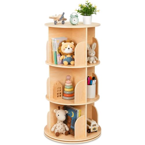 Kids Rotating Bookshelf, Small Corner Bookshelf for Small Space, 360° Display 3 Tier Bookcase Storage Rack, Wooden Narrow Bookcase Organizer for Bedroom, Living Room